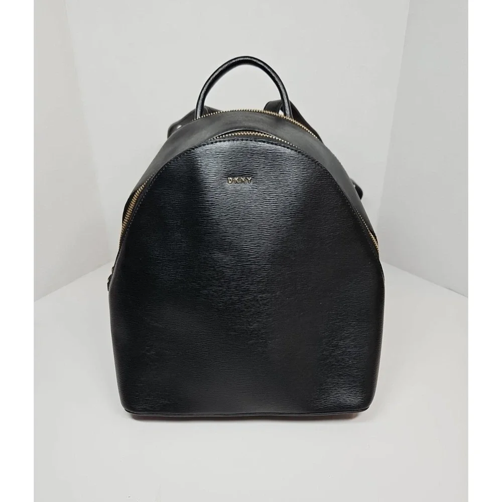 DKNY Black Textured Genuine Leather Zip Top Mini Backpack‎